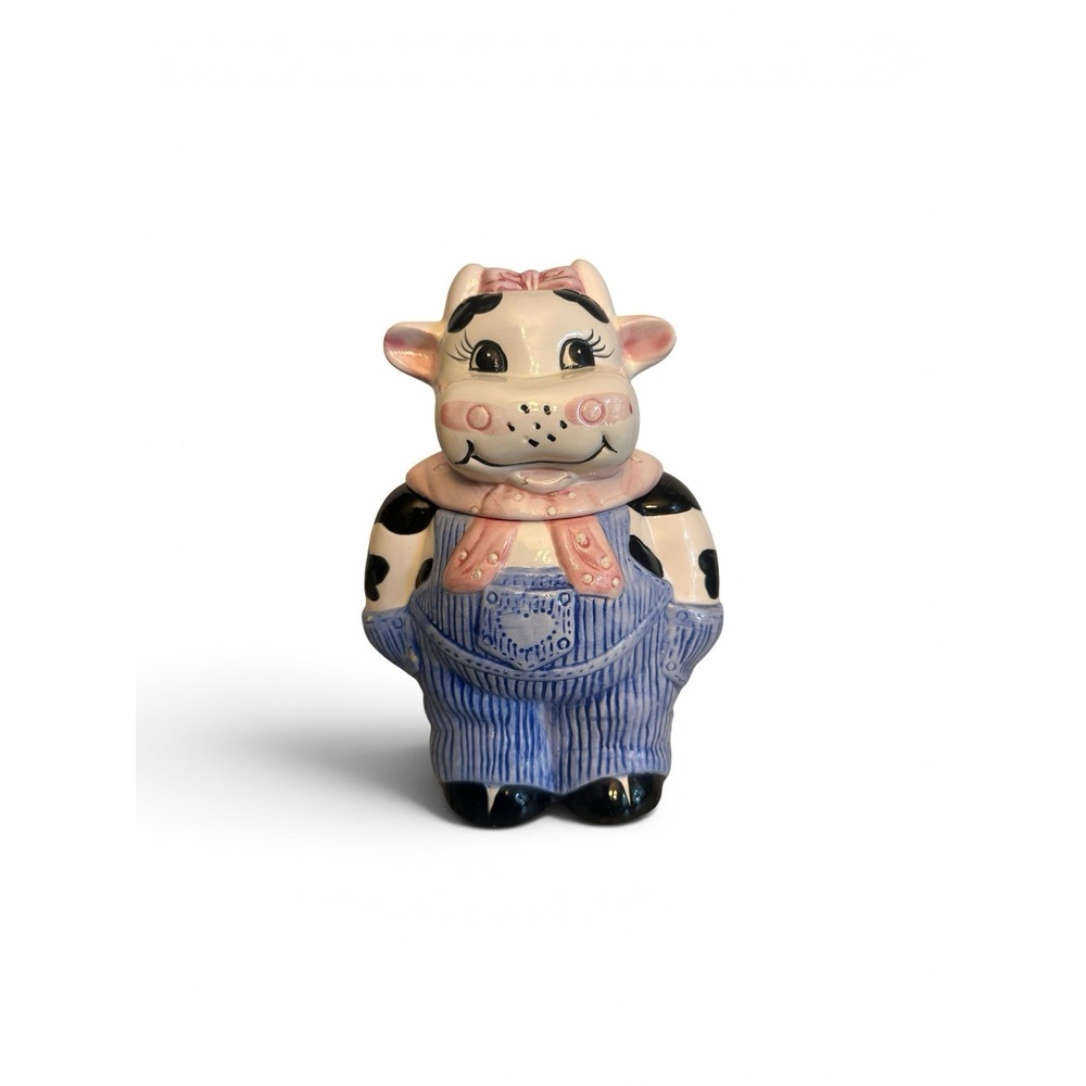 Vintage Hand Painted Two Piece Cow In Overalls Cookie Jar Ceramic Late 80's